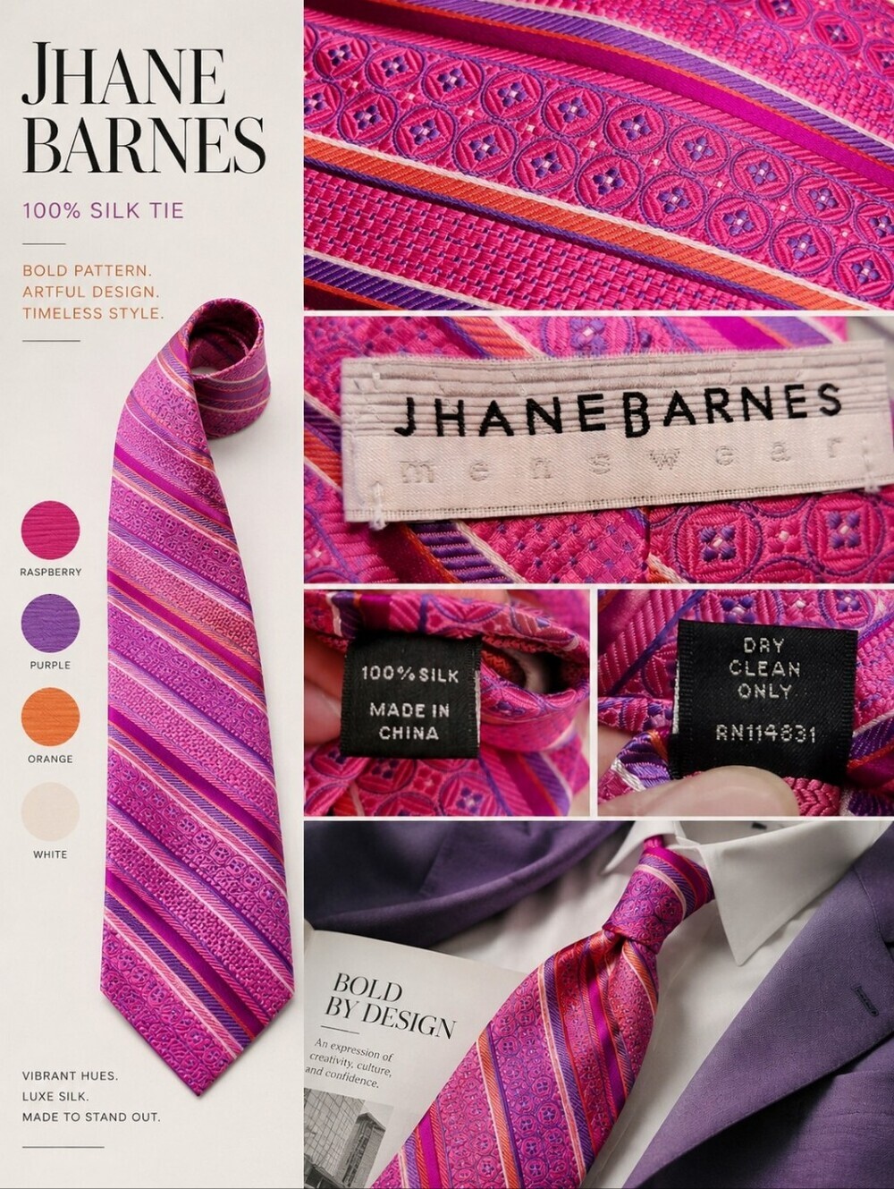 Jhane Barnes Tie 100% Silk Pink Purple Orange White Rasberry